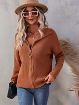 Rib-Knit Zip Up Collared Cardigan - SHE BADDY© ONLINE WOMEN FASHION & CLOTHING STORE