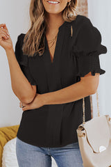 Smocked Flounce Sleeve Notched Neck Blouse - SHE BADDY© ONLINE WOMEN FASHION & CLOTHING STORE