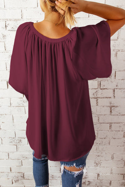 Gathered Detail Notched Neck Flutter Sleeve Top - SHE BADDY© ONLINE WOMEN FASHION & CLOTHING STORE