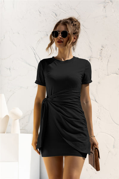 Round Neck Cuffed Sleeve Side Tie Dress - SHE BADDY© ONLINE WOMEN FASHION & CLOTHING STORE