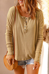 Half Button Waffle Knit Long Sleeve Top - SHE BADDY© ONLINE WOMEN FASHION & CLOTHING STORE