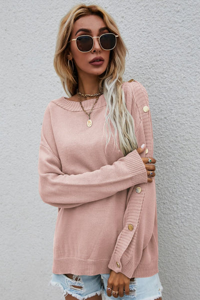 Button Detail Boat Neck Sweater - SHE BADDY© ONLINE WOMEN FASHION & CLOTHING STORE