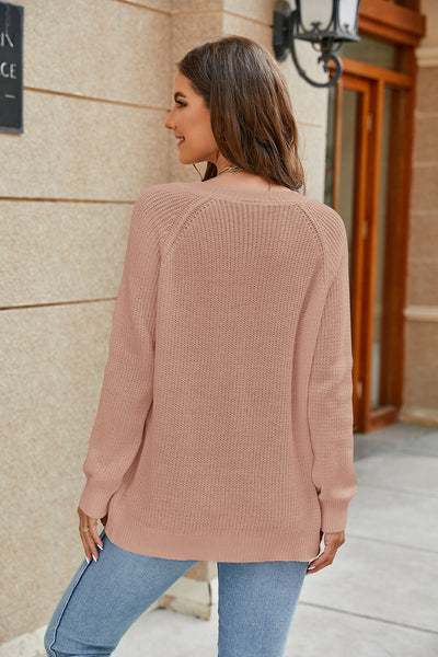 Raglan Sleeve Ribbed Trim Plunge Knit Top - SHE BADDY© ONLINE WOMEN FASHION & CLOTHING STORE