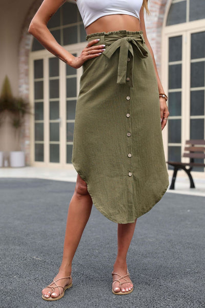 Tie Belt Frill Trim Buttoned Skirt - SHE BADDY© ONLINE WOMEN FASHION & CLOTHING STORE