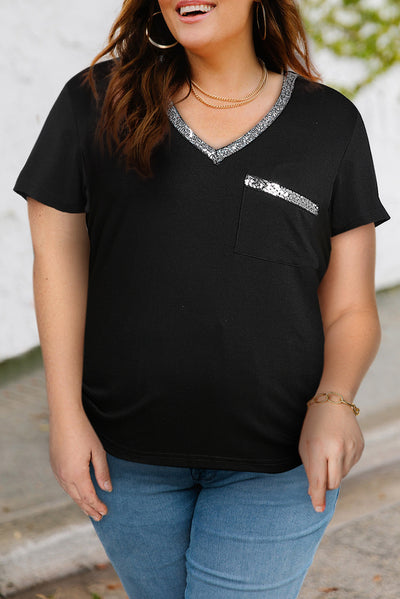 Plus Size Contrast Sequin V-Neck Tee Shirt - SHE BADDY© ONLINE WOMEN FASHION & CLOTHING STORE