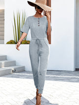 Buttoned Half Sleeve Round Neck Jumpsuit - SHE BADDY© ONLINE WOMEN FASHION & CLOTHING STORE