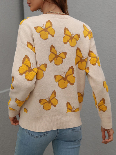 Butterfly Dropped Shoulder Crewneck Sweater - SHE BADDY© ONLINE WOMEN FASHION & CLOTHING STORE