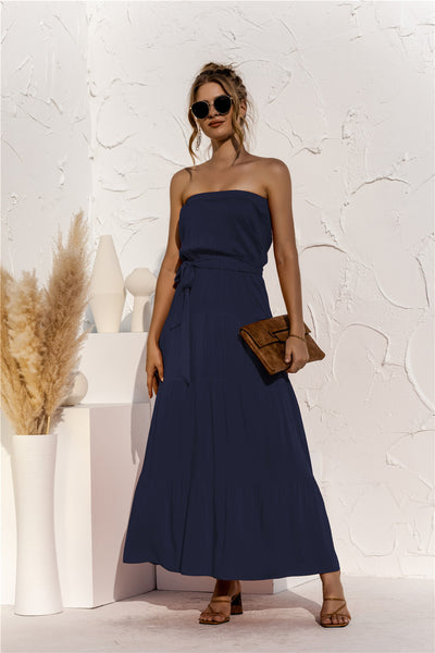 Strapless Tie Waist Tiered Maxi Dress - SHE BADDY© ONLINE WOMEN FASHION & CLOTHING STORE