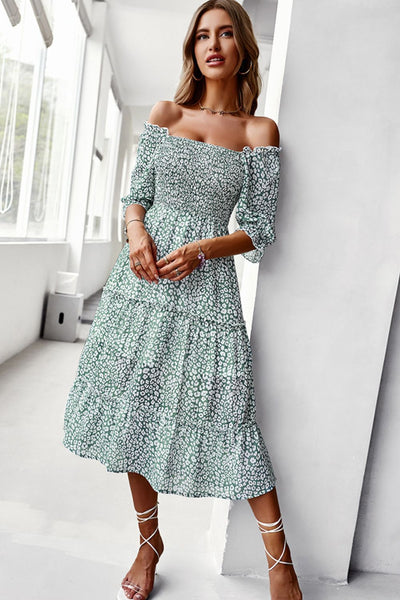 Ditsy Floral Off-Shoulder Smocked Midi Dress - SHE BADDY© ONLINE WOMEN FASHION & CLOTHING STORE