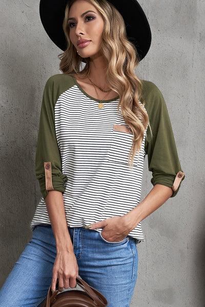 Striped Color Block Roll-Tab Sleeve Top - SHE BADDY© ONLINE WOMEN FASHION & CLOTHING STORE