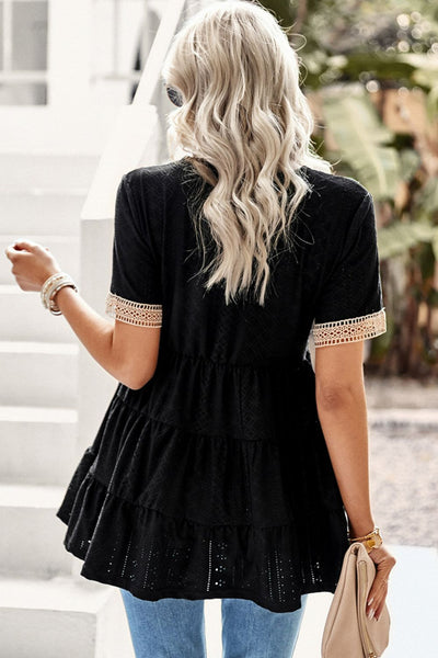 Contrast Short Sleeve Tiered Blouse - SHE BADDY© ONLINE WOMEN FASHION & CLOTHING STORE