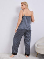 Plus Size Vertical Stripe Lace Trim Cami and Pants Pajama Set - SHE BADDY© ONLINE WOMEN FASHION & CLOTHING STORE