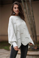 Openwork Boat Neck Sweater with Scalloped Hem - SHE BADDY© ONLINE WOMEN FASHION & CLOTHING STORE