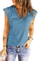 Lace Trim V-Neck Capped Sleeve Top - SHE BADDY© ONLINE WOMEN FASHION & CLOTHING STORE