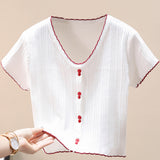 Contrast Decorative Button Short Sleeve Knit Top - SHE BADDY© ONLINE WOMEN FASHION & CLOTHING STORE