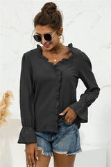 Frill Trim V-Neck Flounce Sleeve Shirt - SHE BADDY© ONLINE WOMEN FASHION & CLOTHING STORE