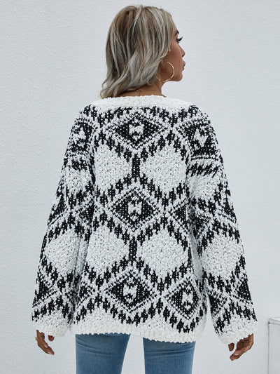 Geometric Print Chunky Knit Sweater - SHE BADDY© ONLINE WOMEN FASHION & CLOTHING STORE