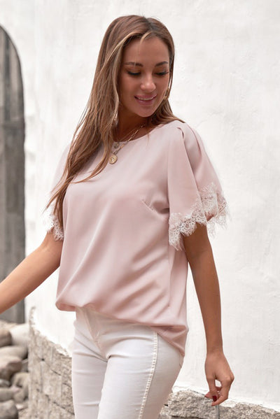 Lace Trim Flutter Sleeve Blouse - SHE BADDY© ONLINE WOMEN FASHION & CLOTHING STORE