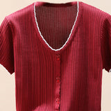 Contrast Decorative Button Short Sleeve Knit Top - SHE BADDY© ONLINE WOMEN FASHION & CLOTHING STORE