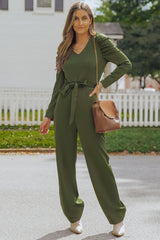 Belted Long Puff Sleeve V-Neck Jumpsuit - SHE BADDY© ONLINE WOMEN FASHION & CLOTHING STORE