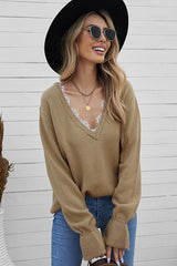 Lace Trim Flounce Sleeve V-Neck Sweater - SHE BADDY© ONLINE WOMEN FASHION & CLOTHING STORE