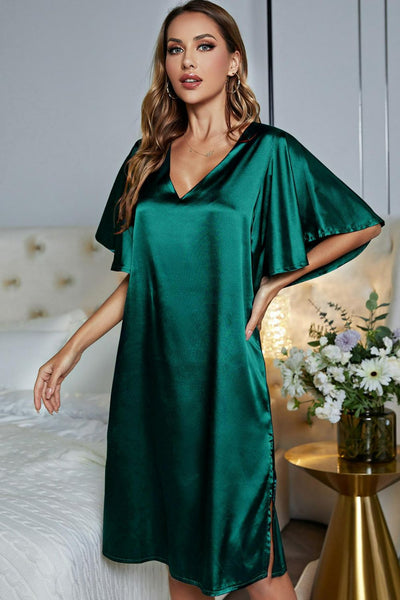 Satin Flutter Sleeve Side Slit V-Neck Night Dress - SHE BADDY© ONLINE WOMEN FASHION & CLOTHING STORE