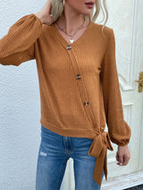 Rib-Knit Asymmetrical Button Blouse - SHE BADDY© ONLINE WOMEN FASHION & CLOTHING STORE