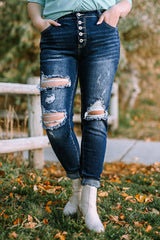 Plus Size Button Fly Distressed Jeans - SHE BADDY© ONLINE WOMEN FASHION & CLOTHING STORE