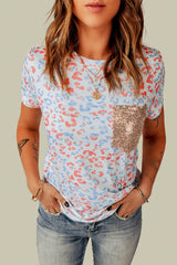 Leopard Contrast Sequin Short Sleeve Tee - SHE BADDY© ONLINE WOMEN FASHION & CLOTHING STORE