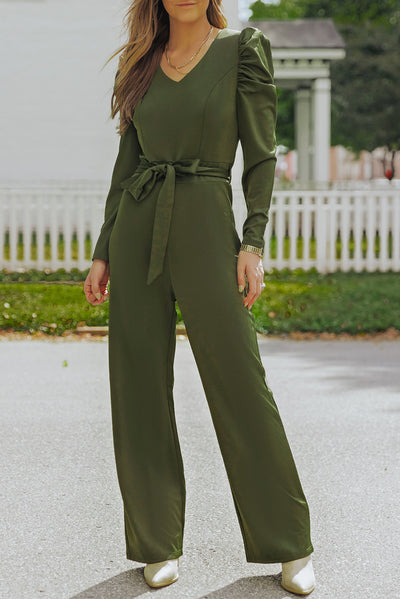 Belted Long Puff Sleeve V-Neck Jumpsuit - SHE BADDY© ONLINE WOMEN FASHION & CLOTHING STORE