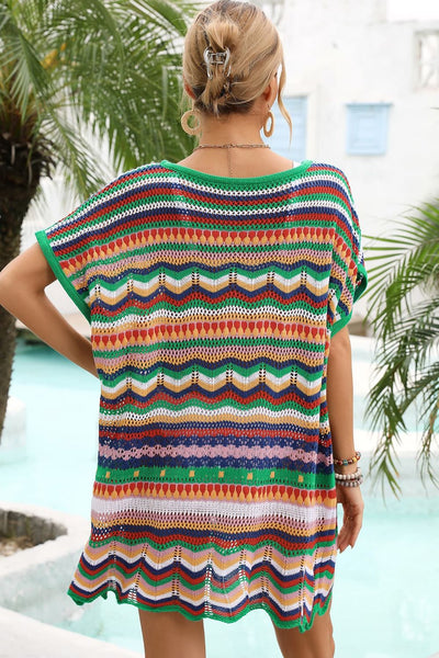 Rainbow Stripe Scalloped V-Neck Cover-Up Dress - SHE BADDY© ONLINE WOMEN FASHION & CLOTHING STORE