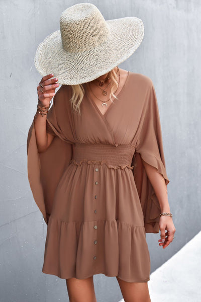 Decorative Button Smocked Waist Surplice Dress - SHE BADDY© ONLINE WOMEN FASHION & CLOTHING STORE