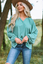 Notched Neck Balloon Sleeve Blouse - SHE BADDY© ONLINE WOMEN FASHION & CLOTHING STORE