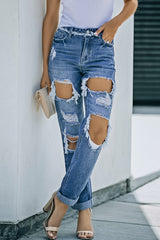 Distressed Frayed Trim Straight Leg Jeans - SHE BADDY© ONLINE WOMEN FASHION & CLOTHING STORE