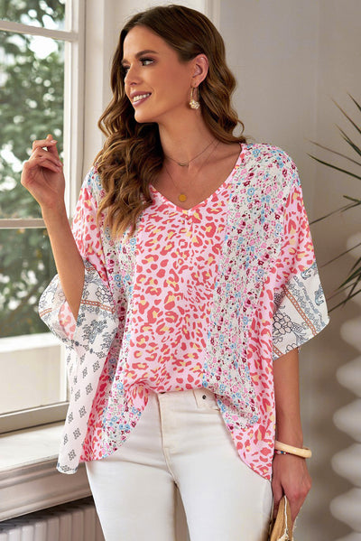 Mixed Print V-Neck Blouse - SHE BADDY© ONLINE WOMEN FASHION & CLOTHING STORE