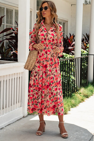 Floral Tie Neck Flounce Sleeve Tiered Dress - SHE BADDY© ONLINE WOMEN FASHION & CLOTHING STORE