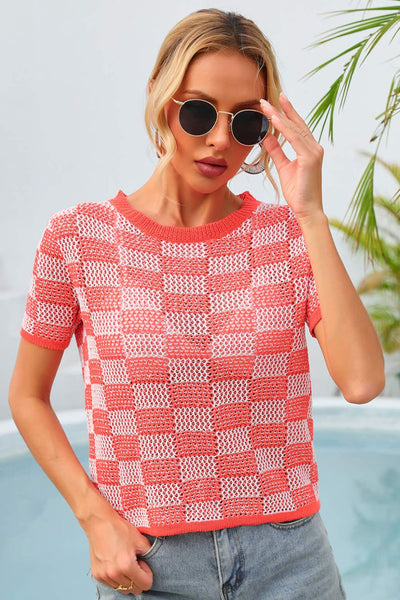 Checkered Short Sleeve Knit Top - SHE BADDY© ONLINE WOMEN FASHION & CLOTHING STORE