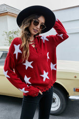 Star Pattern Lace-Up Drop Shoulder Sweater - SHE BADDY© ONLINE WOMEN FASHION & CLOTHING STORE