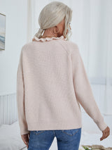 Button Detail Frill Neck Rib-Knit Sweater - SHE BADDY© ONLINE WOMEN FASHION & CLOTHING STORE