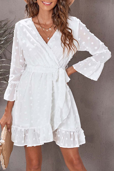 Swiss Dot Ruffled Tie-Waist Surplice Dress - SHE BADDY© ONLINE WOMEN FASHION & CLOTHING STORE