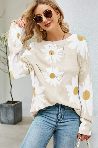 Daisy Print Openwork Round Neck Sweater - SHE BADDY© ONLINE WOMEN FASHION & CLOTHING STORE