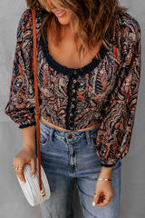 Printed Buttoned Balloon Sleeve Cropped Blouse - SHE BADDY© ONLINE WOMEN FASHION & CLOTHING STORE