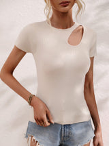 Cutout Round Neck Short Sleeve Knit Top - SHE BADDY© ONLINE WOMEN FASHION & CLOTHING STORE