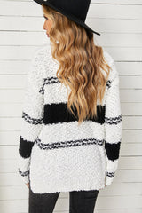 Striped V-Neck Popcorn Knit Sweater - SHE BADDY© ONLINE WOMEN FASHION & CLOTHING STORE