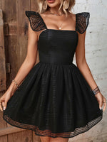 Ruffled Square Neck Fishnet A-Line Dress - SHE BADDY© ONLINE WOMEN FASHION & CLOTHING STORE