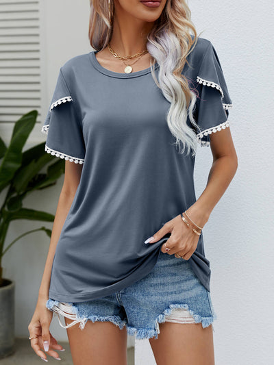 Pom-Pom Trim Flutter Sleeve Round Neck Tee - SHE BADDY© ONLINE WOMEN FASHION & CLOTHING STORE