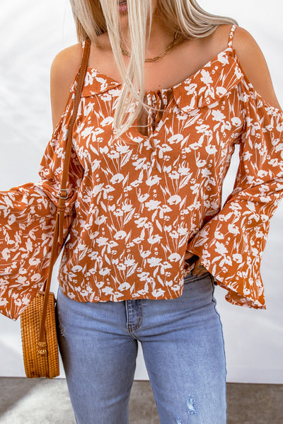 Floral Cold-Shoulder Flare Sleeve Blouse - SHE BADDY© ONLINE WOMEN FASHION & CLOTHING STORE