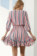 Striped Drawstring Waist Three-Quarter Sleeve Mini Dress - SHE BADDY© ONLINE WOMEN FASHION & CLOTHING STORE