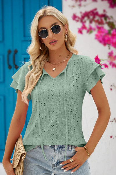 Eyelet Tie-Neck Flutter Sleeve Blouse - SHE BADDY© ONLINE WOMEN FASHION & CLOTHING STORE