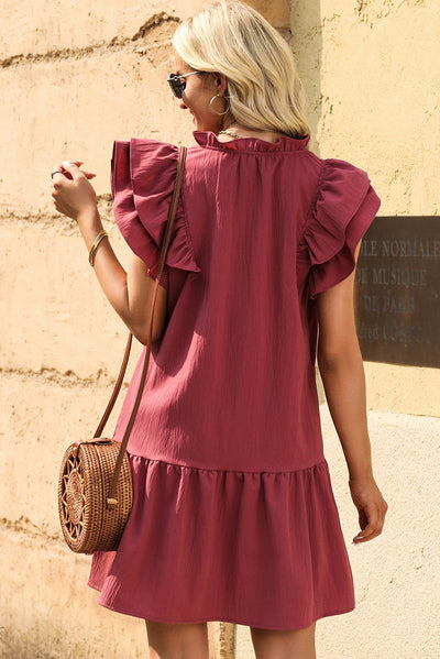 Ruffle Shoulder Tie-Neck Tiered Dress - SHE BADDY© ONLINE WOMEN FASHION & CLOTHING STORE